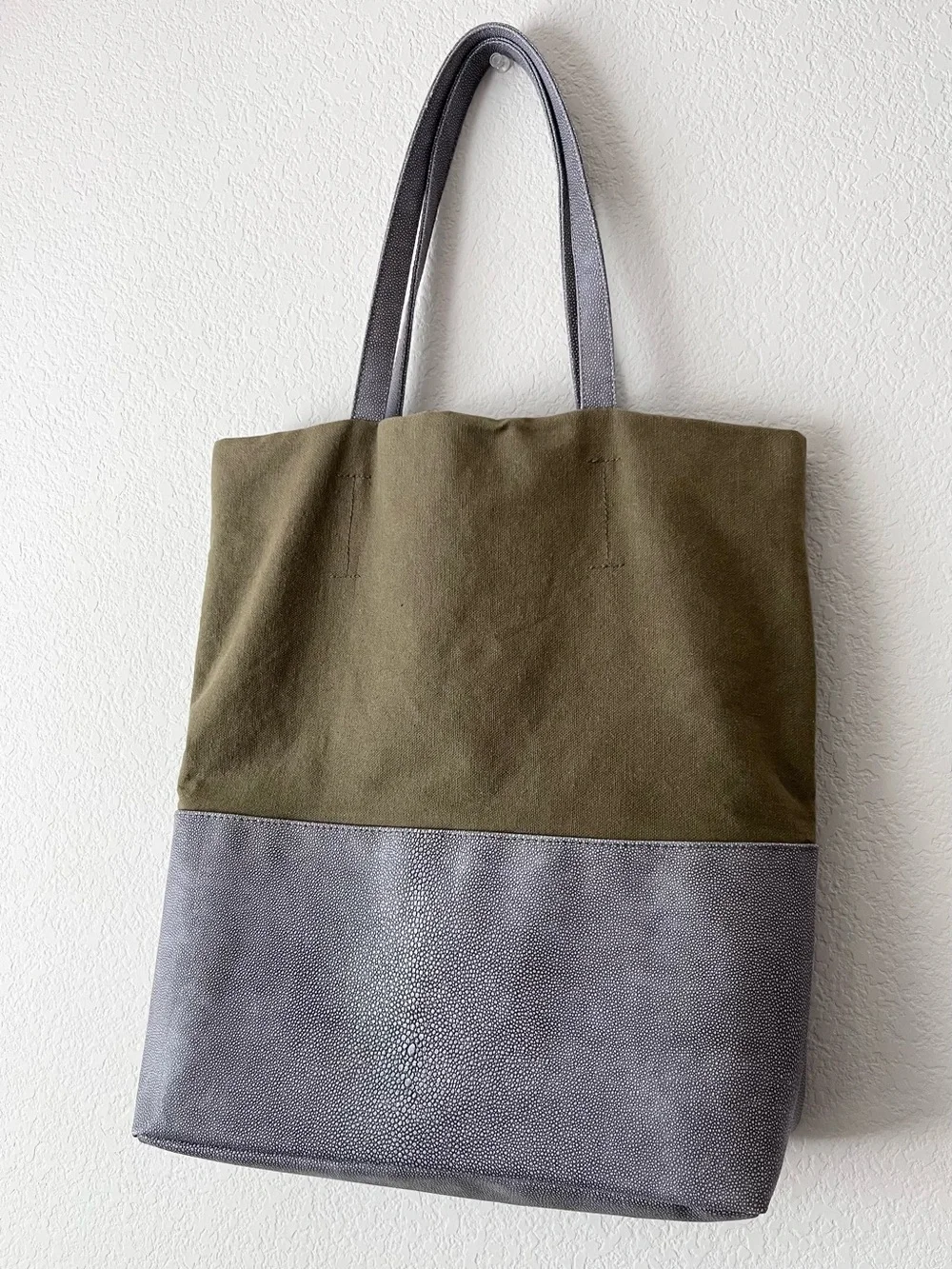 Large canvas and lizard embossed tote bag